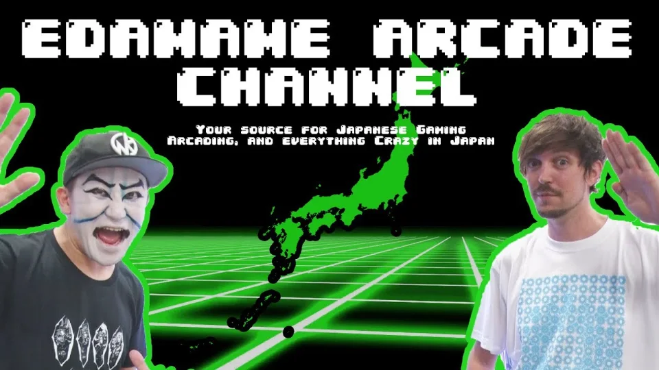 The EDAMAME Arcade Channel title card: two presenters either side of a green wireframe map of Japan.