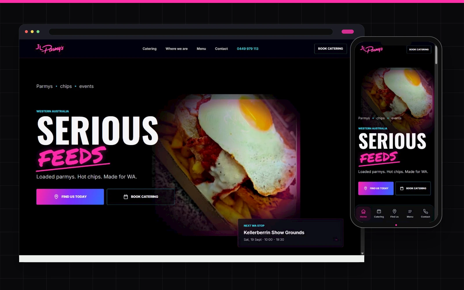 JL Parmy's shown in desktop and mobile layouts