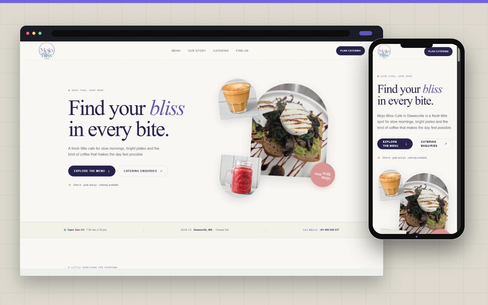 Mojo Bliss Cafe shown in desktop and mobile layouts